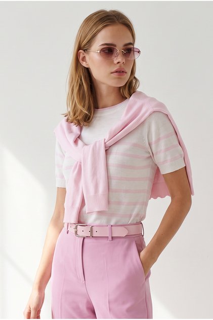 Women's Pink Scarf Detailed Striped Short Sleeve Knitwear Blouse Blz-19003353