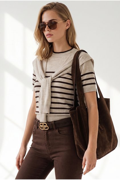 Women's Beige Scarf Detailed Striped Short Sleeve Knitwear Blouse Blz-19003353