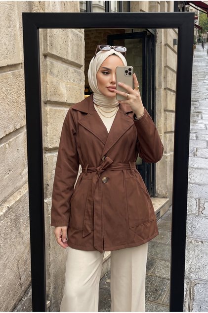 Women's Belted Short Trench Coat – Seasonal Hijab Jacket