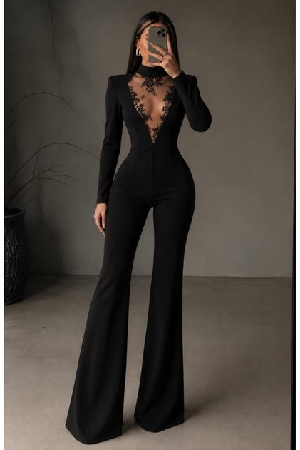 Lace Detail Chest and Back Cut-Out Spanish Flared Leg Jumpsuit