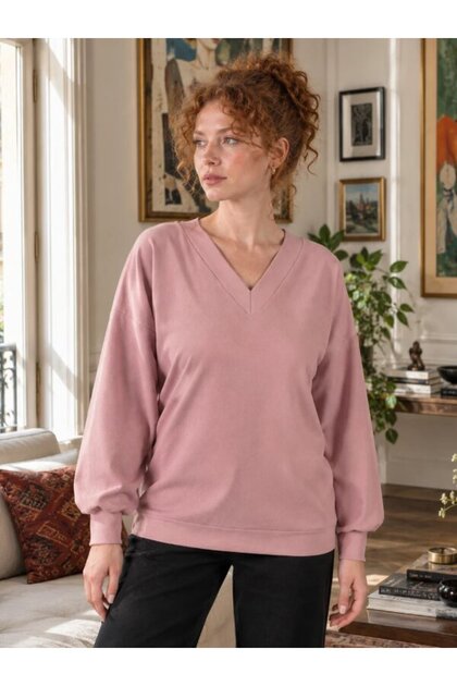 Women's Pink V-Neck Sweatshirt Arm-27K001022