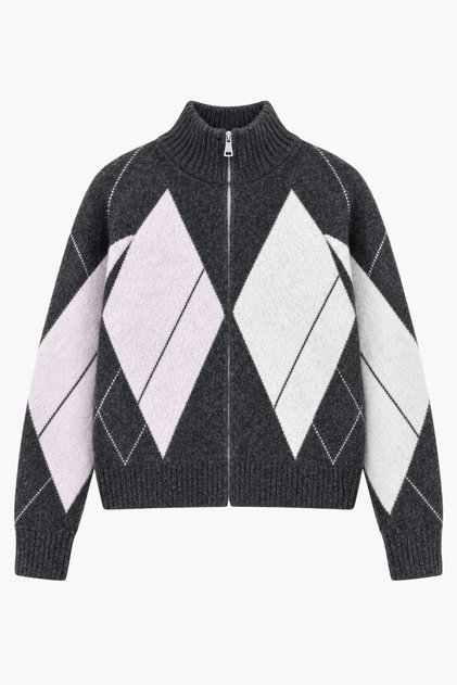 Women's Anthracite Pink Ecru Diamond Patterned Zippered High Collar Soft Textured Knitwear Cardigan