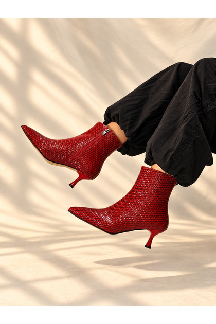 Vienna Red Straw Leather Shoes with Pointed Toe 5 cm Thin Heels Women's Boots Botties