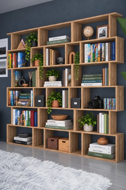 DF07104 3 Modüllü Modern Zigzag Kitaplık 210 cm Geniş Dekoratif Çok Amaçlı Raf Ünitesi Salon Ofis