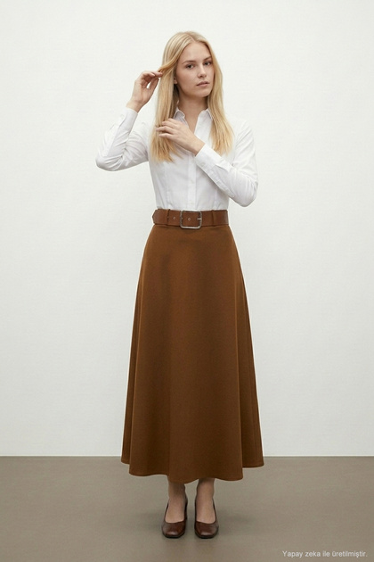 Perye Elastic Waistband Detailed Evaze A-Line Women's Long Skirt & Hijab Skirt - Taba