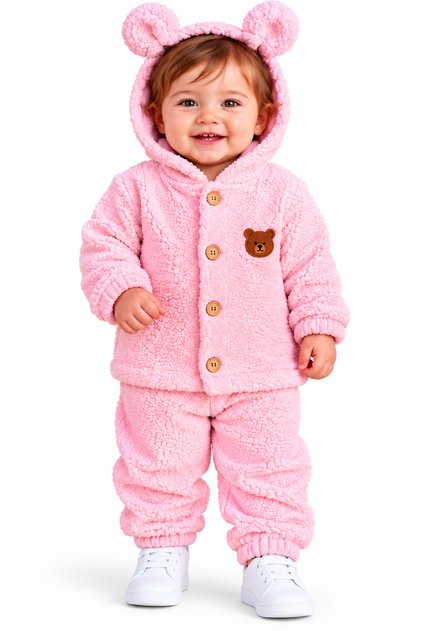 Baby Girl Plush Teddy Bear Hooded Top and Bottom 2-Piece Set