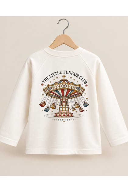 Unisex Kids Oversize Little Funfair Printed Long Sleeve Ecru T-Shirt