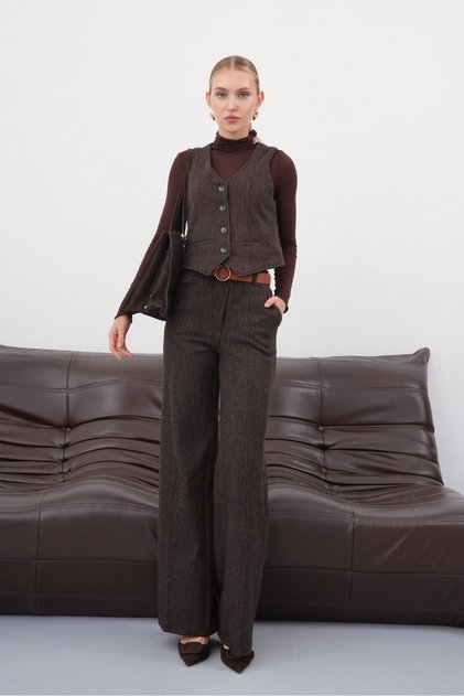 Women's Patterned Wide-Leg Palazzo Pants and Vest with Pockets and Belt