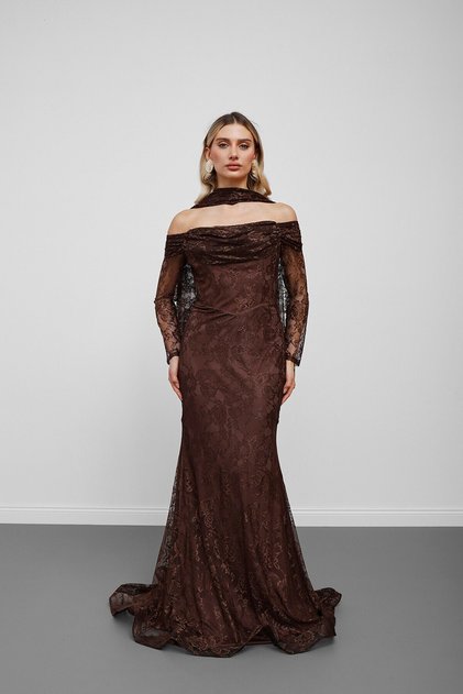 Brown Boat Neck Lace Textured Evening Dress with Scarf