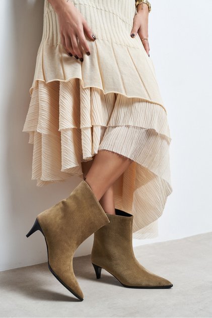 Harper Rome Beige Genuine Suede Pointed Toe Cone Heel Women's Boots