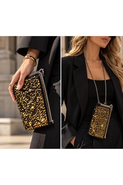 Leopard Patterned Sequined Hand Knitted Bag – Evening Dress Bag with Metal Frame and Chain Strap