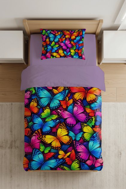Colorful Butterflies Patterned Digital Printed Single Children's Duvet Cover Set - with Sheets