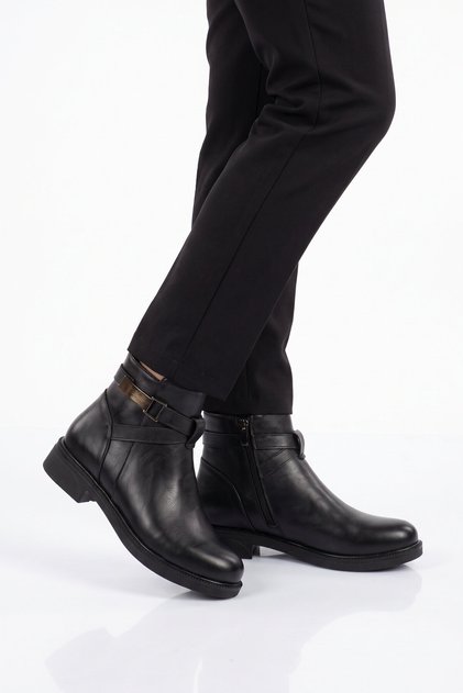 Black Leather Zippered Ankle Strap Stylish Comfortable Women's Boots