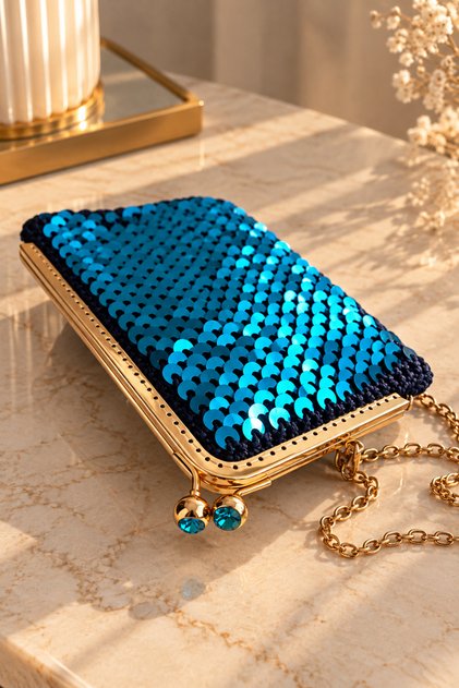 Petrol Blue Sequined Hand Knitted Evening Dress Bag – Bag with Gold Chain Strap and Metal Clip