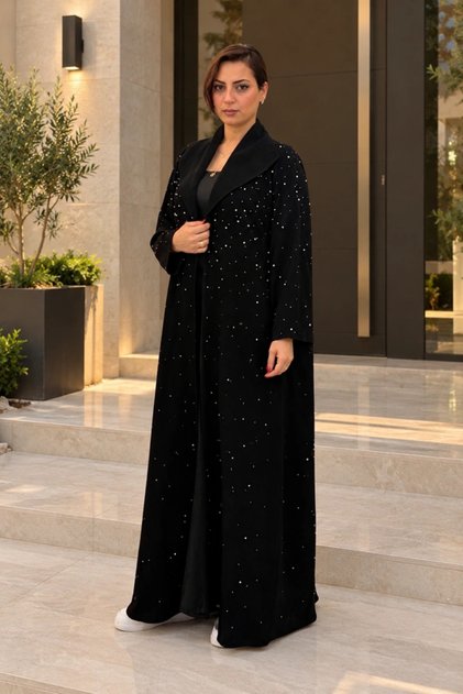 Black Ceremic Abaya with Turn-Down Collar, Pearls and Crystals
