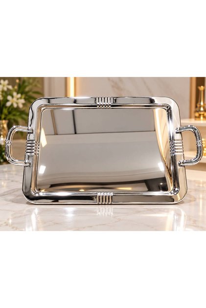 Large Single Silver Serving Tray with Handle