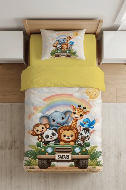 Safari Tour Cute Animals Themed Digital Printed Single Child Bedding Set - with Sheets