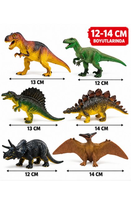 6 Parça Dinozor Figür Seti 12-14 cm Gerçekçi Hayvan Figürleri T-Rex Triceratops Stegosaurus Oyuncak Seti
