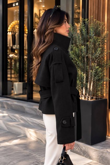 BSK Model Dik Yaka Kalın Kaşe Astarlı Oversize Kadın Kaban Siyah Kışlık Düğmeli Ceket