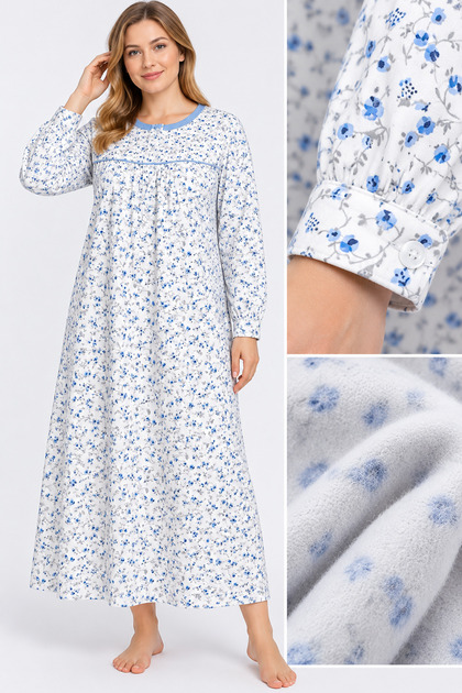 Plus Size Long Sleeve Inner Layered Women's (Mom's) Nightgown Floral Patterned Sleeves Buttoned Buttonhole Cuffs a Winter Product 100% Cotton