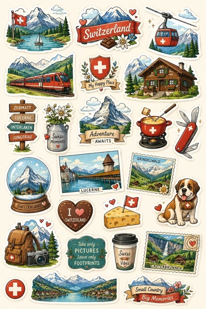Swiss Alps and Travel-Themed Sticker Set - 24-Pack Waterproof Vinyl Decals - Decorative Stickers for Laptop, Travel Suitcase, Water Bottle, and Journal