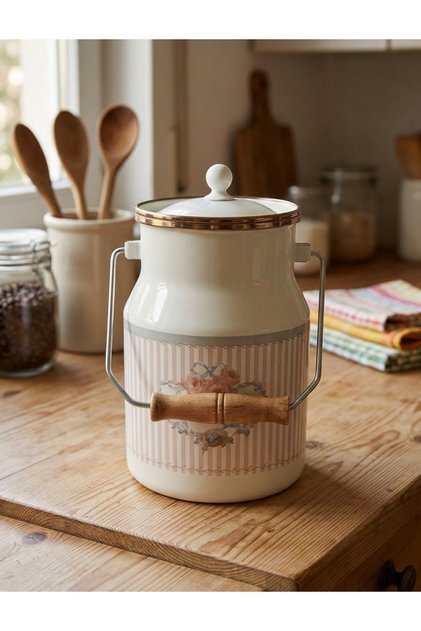 16 cm 2 Liter Enameled Authentic Bakraç Striped Bird Model Milk, Legume, and Flour Bucket