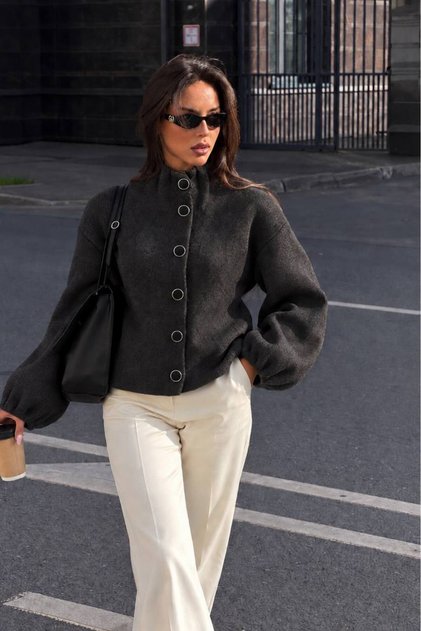 Women's Drawstring Collar Button Detailed Women's Cardigan 52121069
