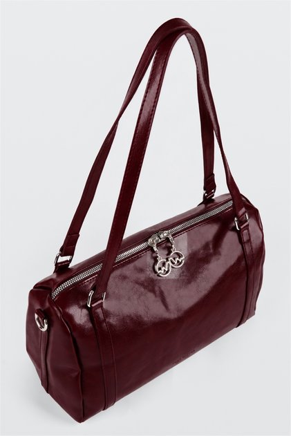 Women's Emerald Burgundy Shiny Faux Leather Crossbody Zippered Lined Bowling Shoulder Bag
