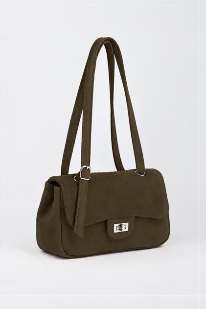 Women's Sapphire Khaki Suede Flap Shoulder Bag with Lockable Adjustable Crossbody Strap and Back Pocket