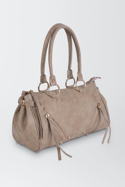 Women's Savana Dark Mink Suede Studded Tassel Zipper Detail Crossbody Bag with Lining.
