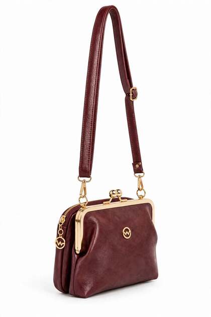 Women's Coral Burgundy Faux Leather Small Size Crossbody Shoulder Bag with Burs Closure and 3 Pockets