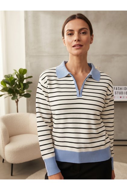 Women's Striped Polo Collar Half-Zip Knit Sweater