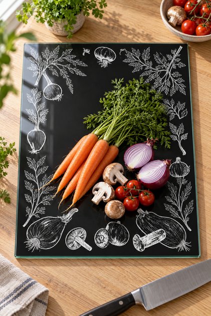 لوح تقطيع من الزجاج المقوى بتصميم مطبخ، مقاس 25x35 سم، مزين بالزهور والكتابة.