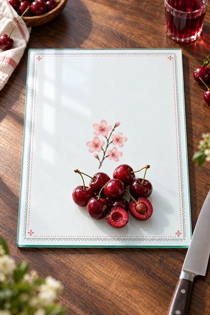 لوح تقطيع من الزجاج المقوى بتصميم مطبخ، مقاس 25x35 سم، مزين بالزهور والكتابة.