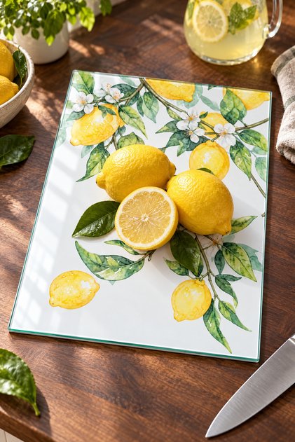 Mediterranean Botanical Patterned Tempered Glass Cutting Board 25X35 cm Presentation Board