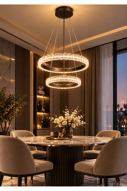 Modern Chandelier with 2 Rings, Size 40 + 25 Cm, Modern, Light Color, 3 Lights, 75W.