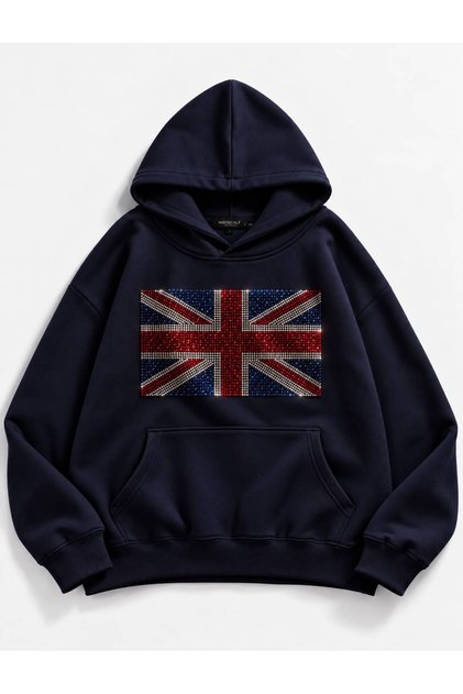Women's England Flag Stone Printed Hooded Oversize Sweatshirt