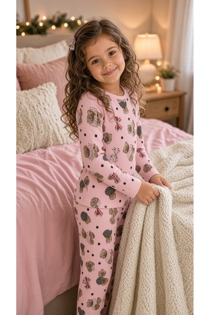 Girl's Pajama Set, Knitted, Reportered, Teddy Bear Patterned, Soft, Comfortable, Long Sleeve Set
