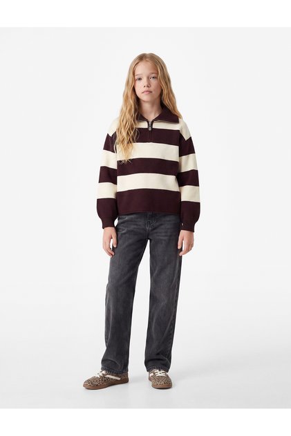 Viscose Blended Half-Zip Long Sleeve Polo Collar Striped Knit Sweater