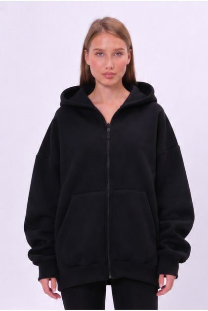 Black Hooded Oversize Zippered Shardonlu Sweatshirt