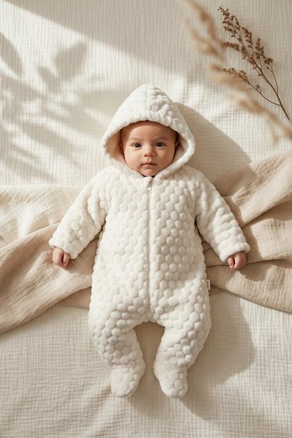 Embossed Textured Hooded Plush Baby Romper - Soft Fleece Zippered and Outdoor Wear Jumpsuit