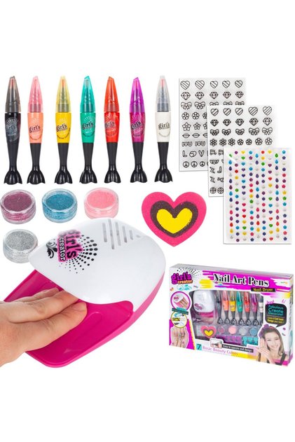 Set de pictura si decorare unghii pentru copii Malplay, cu lampa, sclipici, autocolante si 7 oje inc