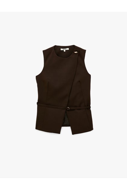 Belted Asymmetrical Cut Crew Neck Sleeveless Vest