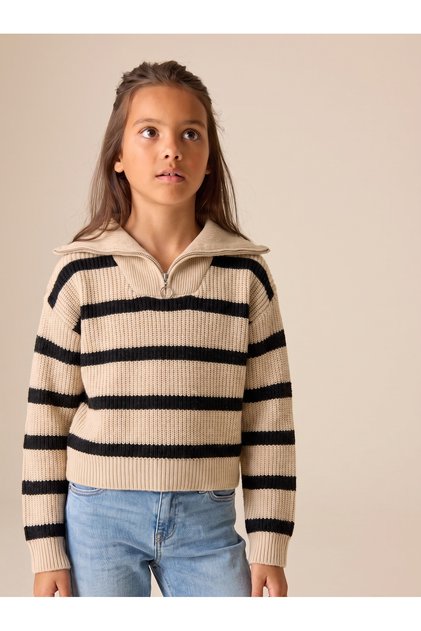 Girl's Premium Quality Half-Zipper Striped Knitwear Sweater Cream