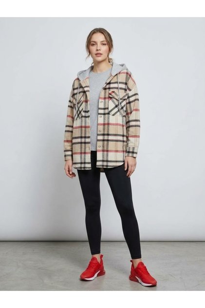 Beige Cream Plaid Hooded Double Pocket Oversize Women's Lumberjack Shirt Jacket