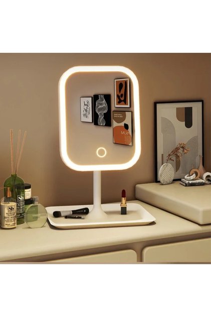 مرآة تجميل LED حديثة للمكتب باللون الأبيض، مرآة محمولة بإضاءة LED بثلاثة ألوان تعمل باللمس للنساء