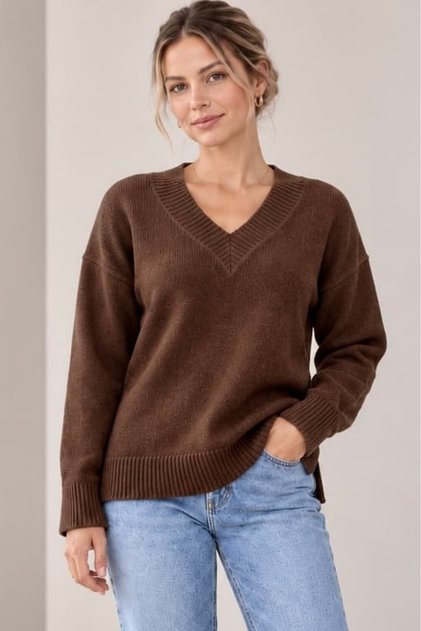 Women's V-Neck Soft Textured Side Slit Knitwear Sweater My4535