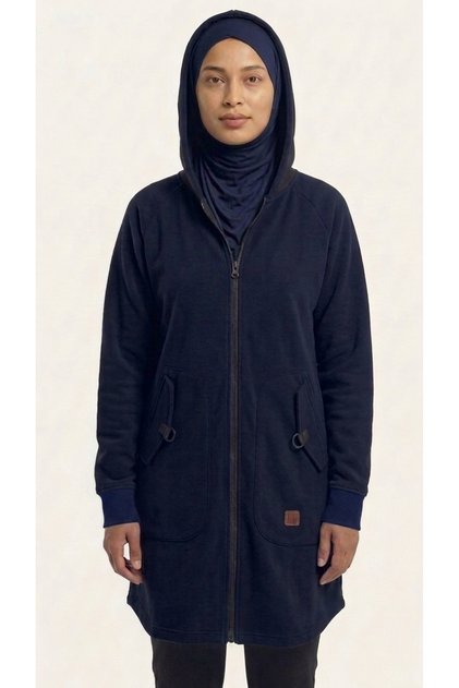 2302_Kadın Tesettür 3 iplik Yumuşacık Şardonlu Fermuarlı Kap – Su Geçirmez Kapüşonlu. Gece Mavisi Uzun Sweat