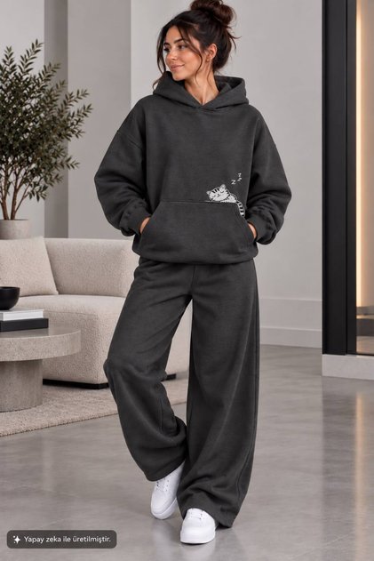 Printed Hoodie with Pocket Detail Printed Bottom and Top Tracksuit-Hoodie Sweatshirt Set Oversize Model