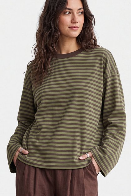Kadın Çizgili %100 Pamuk Bisiklet Yaka Oversize Sweatshirt - Haki 3